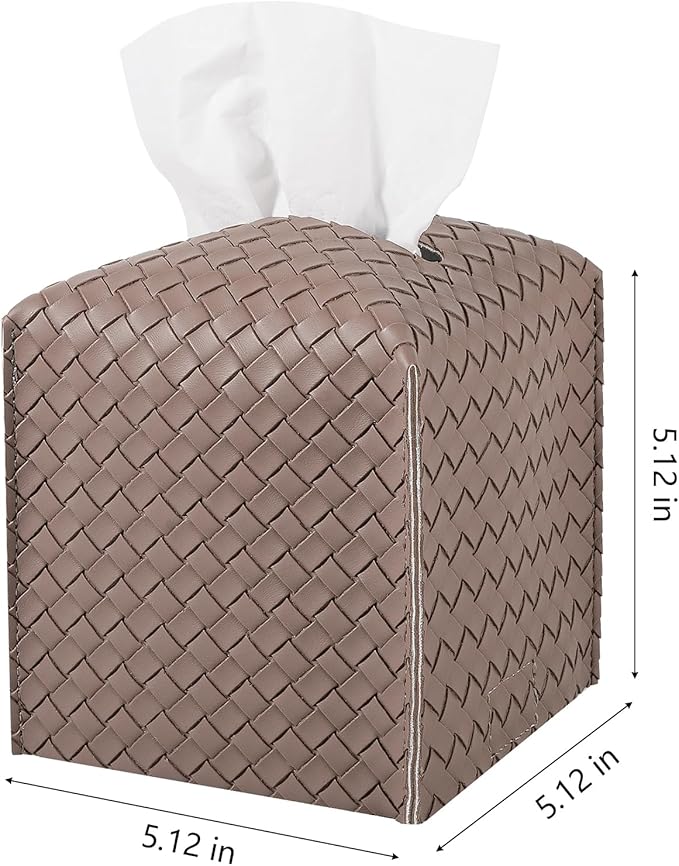 Tissue Box Cover PU Leather Tissue Holder Square Facial Tissue Case Facial Paper Organizer Dispenser for Bathroom, Vanity Countertop, Car, Light Brown