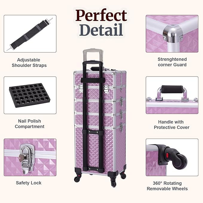 TOPACK Professional 4-In-1 Rolling Makeup Train Case, Large Makeup Travel Case with Key Shoulder Strap/Handle Cushion I Makeup Train Case Organizer I Cosmetology Case on Wheels I Pink