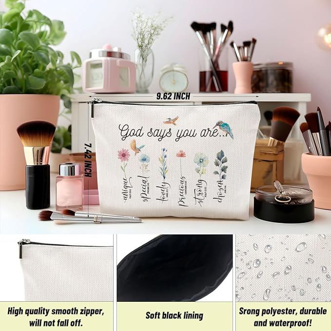 God Says You Are Makeup Bags,Inspirational Bible Verse Bag,Christian Gifts, Affirmations Gifts,Durable Canvas Travel Toiletry Organizer for Daily & Travel Use,Bible Verse Flower Bird Wash Bag for Her