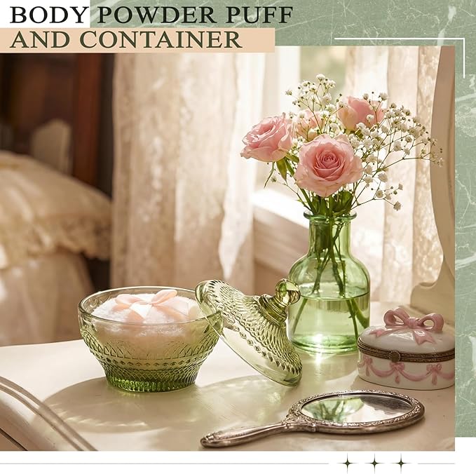 Tioncy 3 Pcs Large Body Powder Puff and Container Valentine's Day gift Powder Container with Puff Crystal Case Soft Washable Reusable Velour Face Body Glitter Wet Dry Makeup(Retro,Olive Green)
