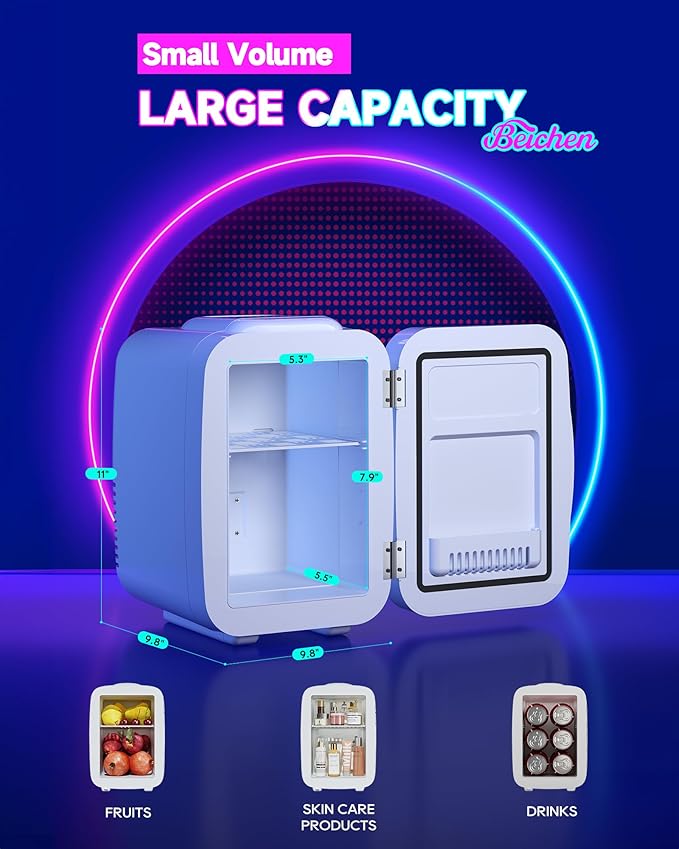 Mini Fridge, 4 Liter/6 Cans Small Refrigerator With Dimmable LED Light,AC/DC Portable Thermoelectric Cooler and Warmer Gaming mini fridge for Bedroom,Office,Gaming room and Car (White)