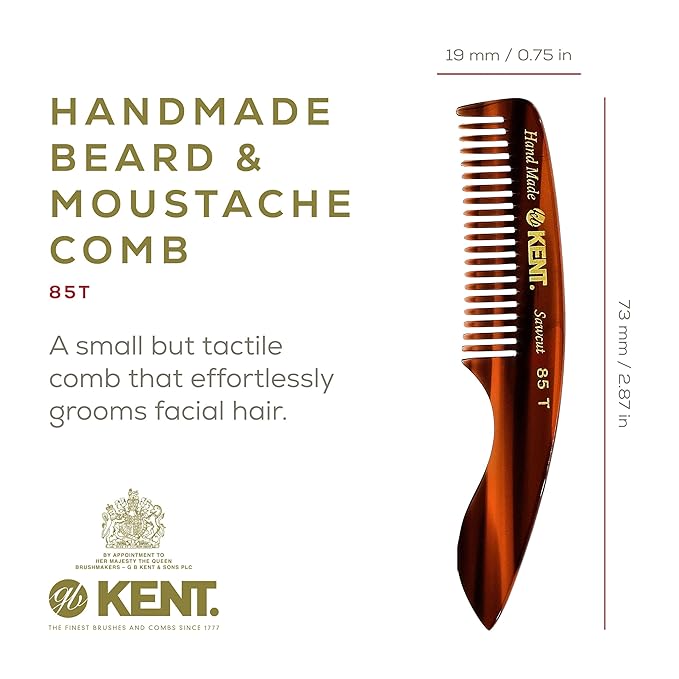 Kent 85T Small Wide Tooth Beard and Mustache Pocket Comb, Coarse Toothed Travel Size for Facial Hair Grooming and Beard Care. Saw-cut of Quality Cellulose Acetate, Hand Polished. Hand-Made in England