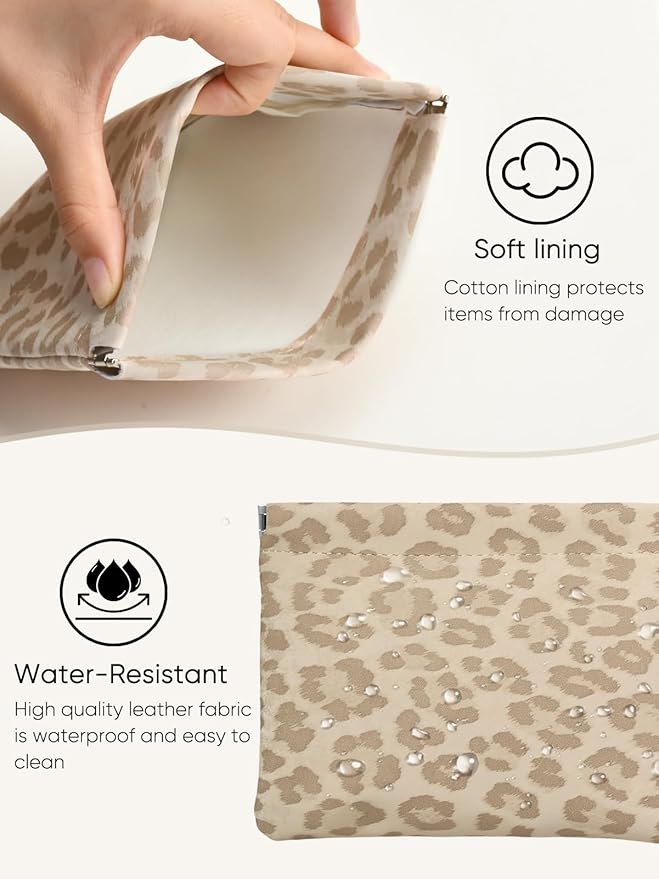 Leopard Leather Small Makeup Pouch for Women,Cosmetic Accessories,Waterproof and Portable Cosmetic Bag,Self-closing, No Zipper, Aesthetic Storage Pouch,Lipstick for Purse,Oyster Grey Brown