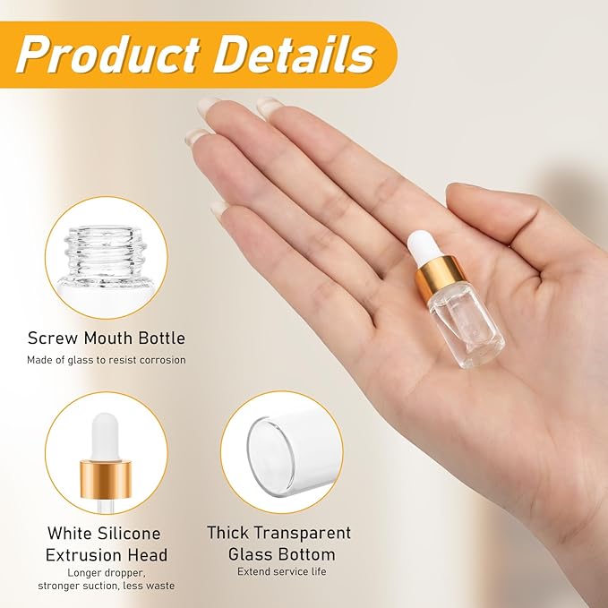 100 Pack Mini Dropper Bottle for Cuticle Oil, 3ml Small Sample Essential Oil Dropper Bottles for Travel, Clear Empty Vails for Cosmetic Perfume