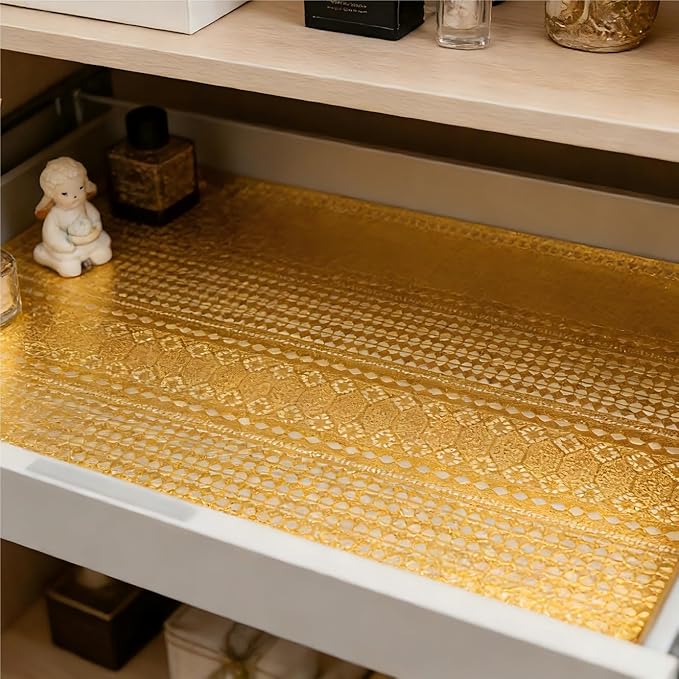 Shelf and Drawer Liner for Kitchen Cabinet,Non-Adhesive Waterproof Oil-Proof Easy Clean Shelf Liner for Dresser & Bathroom Vanities with Adhesive Dots & Cutting Tool(17 in X 30 Ft Gold Lace)