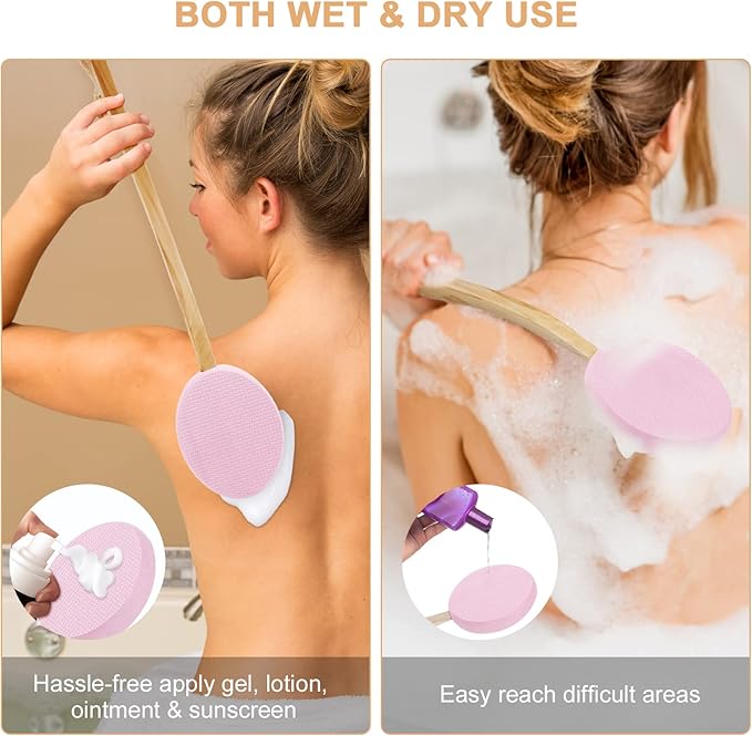 URAQT Lotion Applicator Set - 7 Piece Body Brush with Long Handle, 2 in 1 Back Scrubber for Self Application, Hook Included