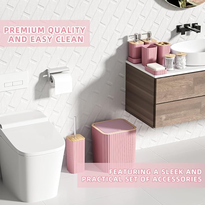 Bathroom Accessories Set - Elegant Pink Bathroom Set, 10PC Bathroom Accessory Set, Toilet Brush, Bathroom Trash Can