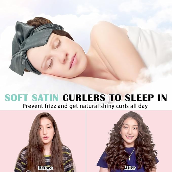 Satin Heatless Curls Overnight Hair Curlers to Sleep In Hair Curler Rollers No Heat Hair Wrap for Curls Headband, 70" Satin Heatless Curling Rod Set for Women Long Waves Hair Volume -Grey 9 PCS