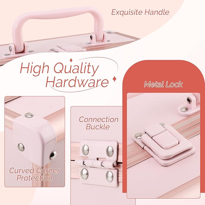 Makeup Train Case 2 Trays Makeup Box Organizer Portable Travel Makeup Case Lockable Makeup Storage Organizer Cosmetic Box for Jewelry Nail Tech Brushes Accessories Tool, Pink