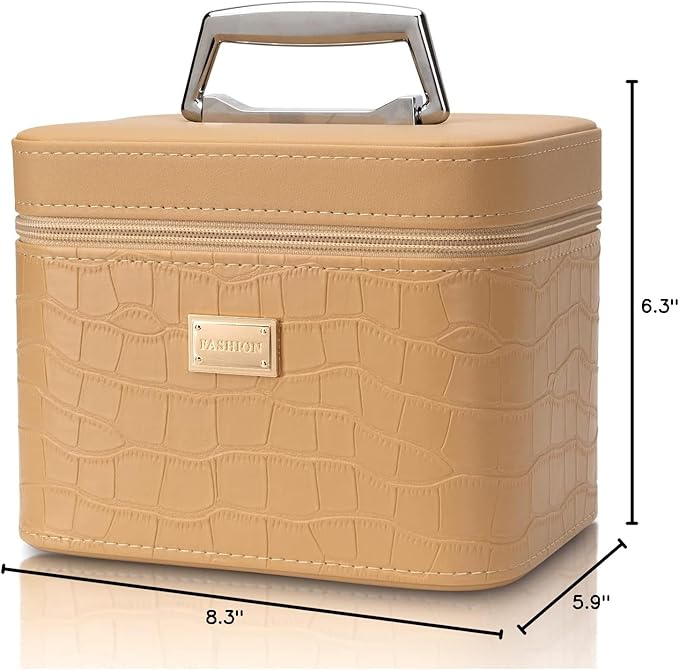 Fashion makeup box, Portable leather hard cosmetic case with mirror, Professional train case make up box for women adults. (Beige)
