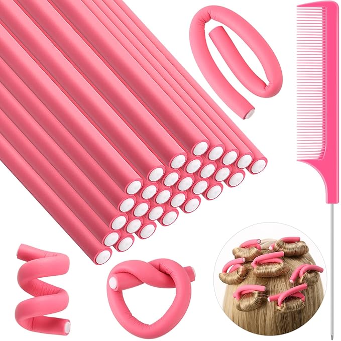 Syhood 30 Pcs 7'' Flexible Curling Rods Twist Foam Hair Rollers Soft Foam No Heat Hair Rods Rollers and 1 Steel Pintail Comb Rat Tail Comb for Women Long Short Hair(Pink,7 x 0.39 Inch)