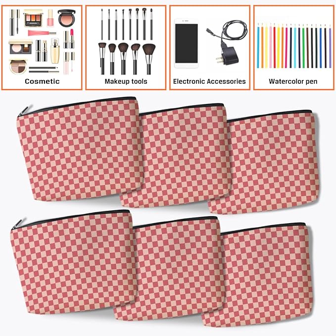 6 Pcs Checkered Makeup Bags Make up Bag Cosmetic Bags for Women Girls Employee Bestie Appreciation Christmas Birthday Travel Toiletry Bag Aesthetic Zipper Organizer Accessories, Cute Pink Plaid