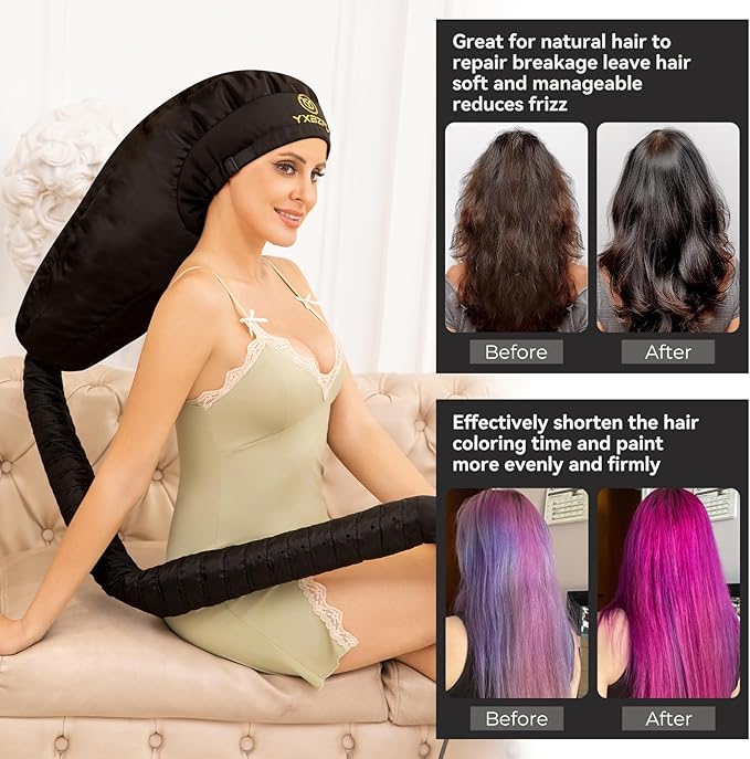 Bonnet Hair Dryer, Hooded Hair Dryer Attachment, Dryer Hooded Diffuser Cap for Curly,Speeds Up Drying Time, Safety Deep Conditioning at Home(Black)