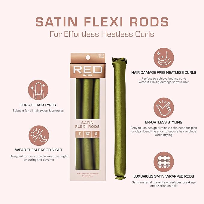 Red by Kiss Satin Flexi Heatless Curling Rods, Damage Free & Frizz Free No Heat Soft Curls, Silky Satin to Prevent Breakage, Comfortable Pin-Free Styling, Gentle Rollers for All Hair Types