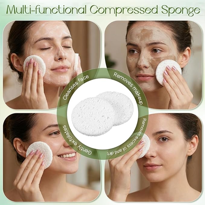 300 Count Compressed Facial Sponges, Natural Cellulose Face Sponges for Cleansing, Disposable Spa Sponge for Face Cleansing, Exfoliating, Makeup Removal(White)