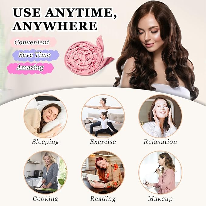 Soft Overnight Curl Headband, 70" Hair Curlers Ribbon Wrap for Long Hair with 9 PCS Rods and Yoga Strap - Pink