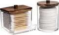 Tbestmax Qtips Holder Bathroom Container with Brown Wood Lids, 10/7 OZ Cotton Ball/Swabs Dispenser, Apothecary Organizer Jar for Storage 2 Pcs
