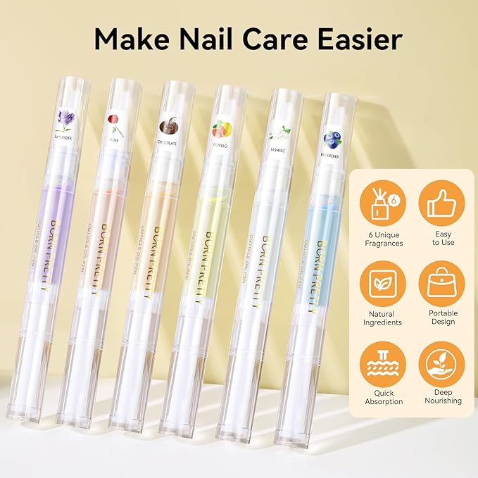 Born Pretty 6Pcs Nail Cuticle Oil Pen,Cuticle Revitalizer Oil Nails Nutrition Oils Repair Nail Care Essential Oils,Nail Art Treatment Softening Pen Tool Nails Moist Nail Strengthener