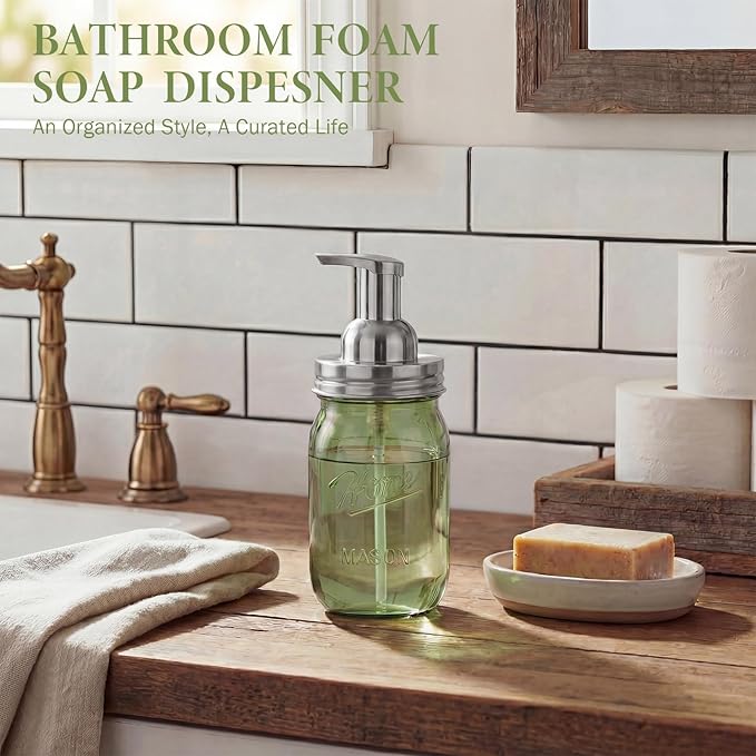 Amolliar Plastic Mason Jar Foaming Soap Dispenser Pump Lid, 16oz Foam Soap Dispenser with Cute Lables - Green Refillable Hand Soap Dispenser for Bathroom Kitchen Shower (2 Pack, Silver)