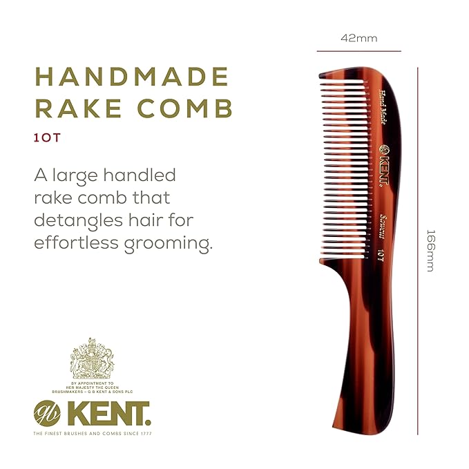 Kent 10T Tortoise Large Detangler Comb, Handmade Wide Tooth Comb for Curly Thick Hair, Detangling Combs For Wet and Dry Hair, Saw-Cut and Hand Polished Made in England