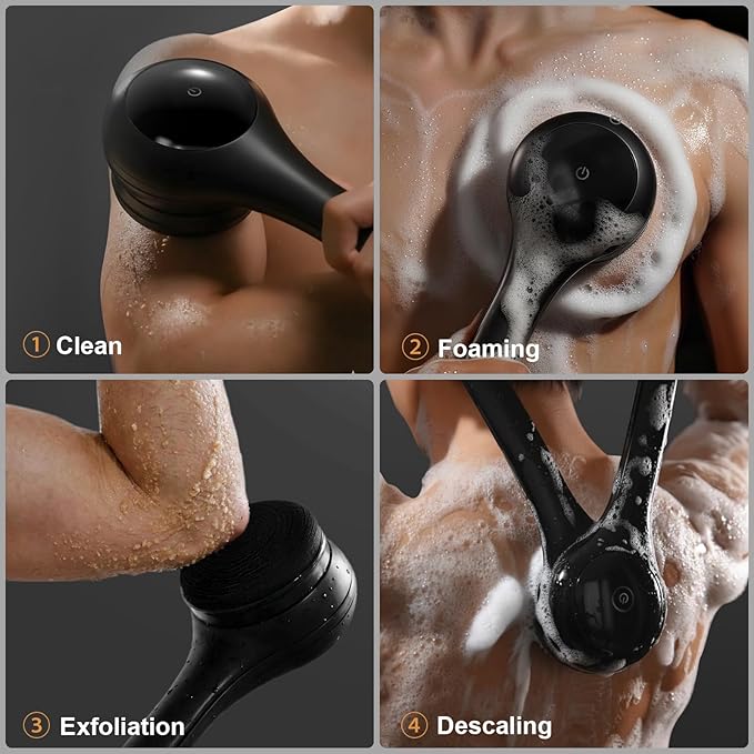 Electric Body Brush Back Scrubber for Shower, Waterproof Long Dual Handle Power Body Scrubber with 3 Heads, Bath Brush & 2 Speeds, for Cleansing, Exfoliating and Massaging Skin, Black