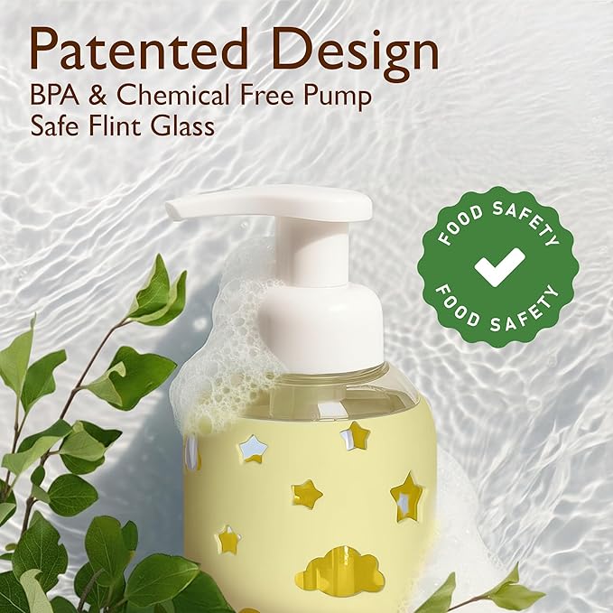 SoCal Suds & Company Foaming Hand Soap Dispenser Glass, Liquid Soap Pump with Cloud & Star Sleeve, Refillable Bottle for Kids, Baby Wash & Shampoo, Ideal for Bathroom & Kitchen Use, Light Yellow, 8oz