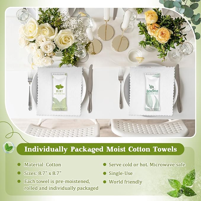 Timgle 50 Pcs Moist Towelettes Individually Wrapped Scented Disposable Face Towels Essential Oil Infused Moist Terry Cotton Towel for Use Hot or Cold Travel Body Spa(Mint, Eucalyptus Leaves)