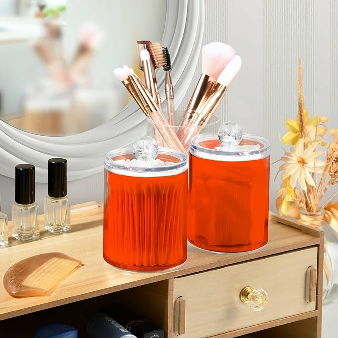 Orange Red Qtip Holder Organizer Dispenser Cotton Swabs Cans Plastic Jars with Lid Set 2 Pack Bathroom Storage Canister for Cotton Ball Floss Cotton Pads
