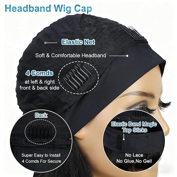 XSY Headband Wig Human Hair Straight Headband Wigs for Black Women Glueless No Lace Front Wig Human Hair Natural Black 150% Density 14 Inch