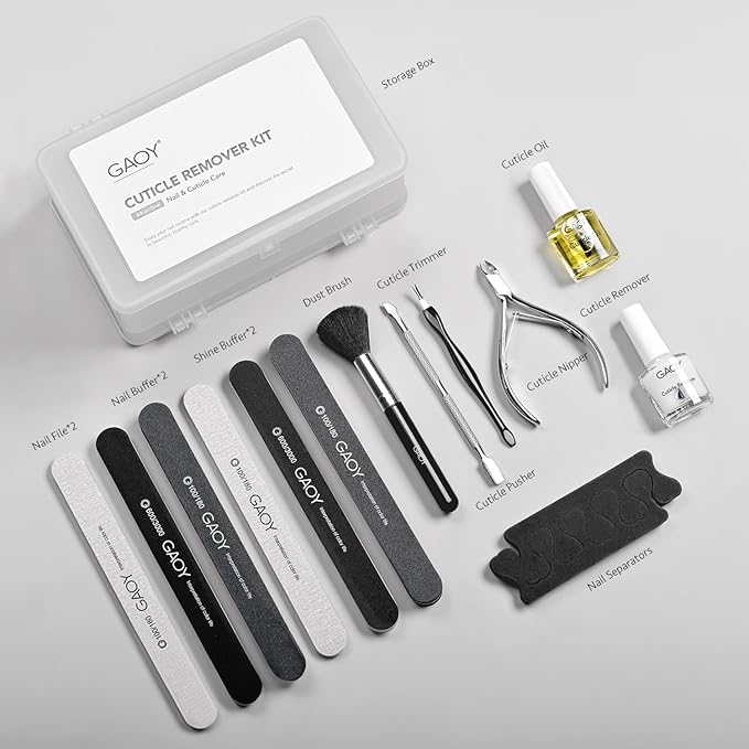 GAOY Cuticle Remover Kit, All-in-One Cuticle Trimmer and Nipper, Nail Oil and Softener, Professional Nail Care Kit with Manicure Tools Files and Buffers for Home & Salon Use