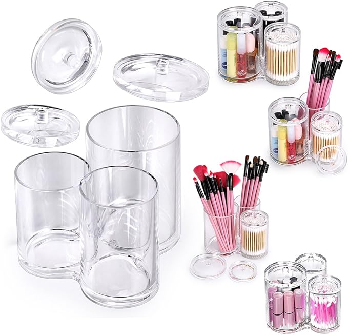 Hipiwe Clear Acrylic Cotton Swab Holder Preminm Quality Round Container Cotton Pad Q-tip Organize Case for Make Up Brush Clear Apothecary Jar