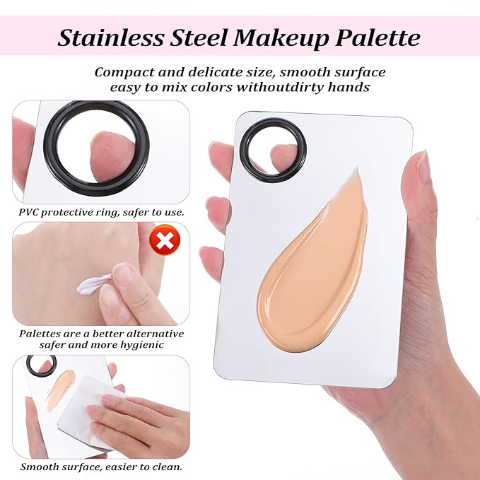 4 Pcs Makeup Foundation Mixing Palette Set Including Make Up Spatula, Makeup Brush, Palette Tray, Powder Puff, Foundation Makeup Mixing Palette, Makeup Palette Tray (Stainless Steel)