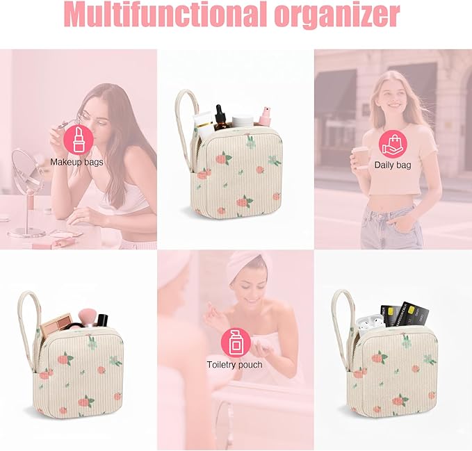 Small Makeup Bag | Discreet Period Bag Pad Pouch for Purse| Sanitary Napkin Storage & Tampon Holder for Travel(Cute strawberries pink)