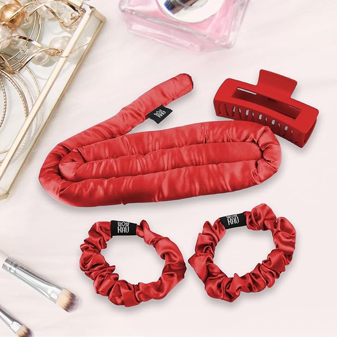 KAV 100% Mulberry Silk Heatless Curling Rod Headband Set with Clip & Scrunchies – Overnight Heatless Hair Curler for Women, No Heat Damage, Soft Hair Roller for Natural Curls & Waves