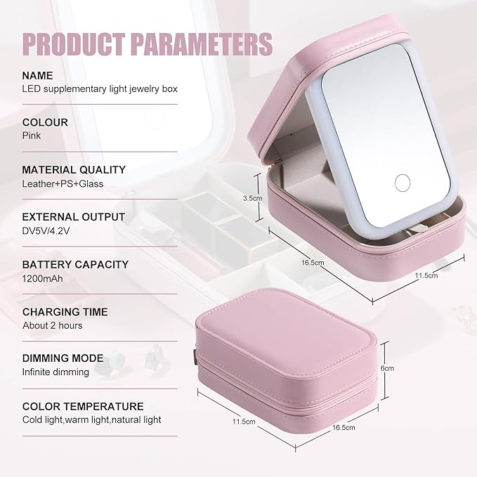 BS-MALL Travel Cosmetic Mirror Case LED Makeup Mirror Storage Case for Eyelash Station Brushes Cosmetic Tools Pink On-the-go Makeup Needs (Pink)