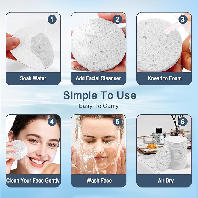60-Count Compressed Facial Sponges Natural Cellulose - Reusable Professional Face Sponge for Cleansing, Exfoliating & Makeup Removal, Gentle Spa Skincare Tools for Travel Home Bath (White)