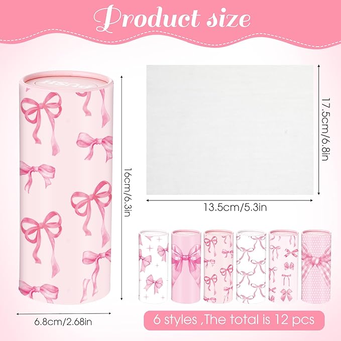 Outus 12 Pcs Bow Car Tissues Cylinder Holder with 3 Ply Facial Tissue Bulk Pink Bow Ribbon Round Tissue Holder Travel Tissues Boxes Container for Car Cup Wedding Birthday Party