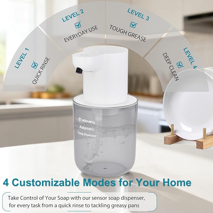 Automatic Foaming Soap Dispenser for Bathroom: 4-Level Adjustable Countertop/Wall Mount Hand Soap Dispenser, 13.5oz/400ml Type-C Rechargeable – Suitable for Kitchen, Bathroom, Office, Hotel (White)