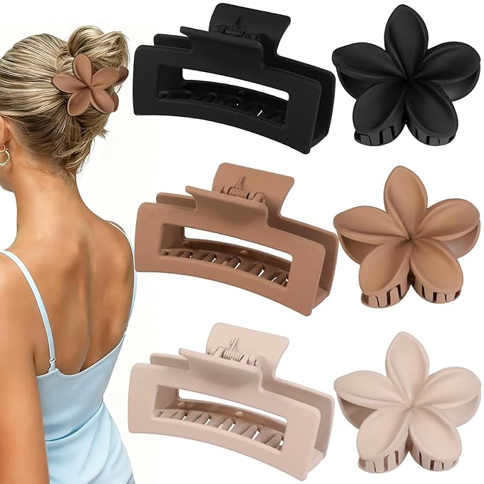 Flower Hair Clips for Women Square Claw Clips for Girls 2 Styles Hair Claw Clips for Thick or Thin Hair 6 PCS Hawaiian Hibiscus Rectangle Large Plumeria Medium Hair Accessories for Women (Brown)