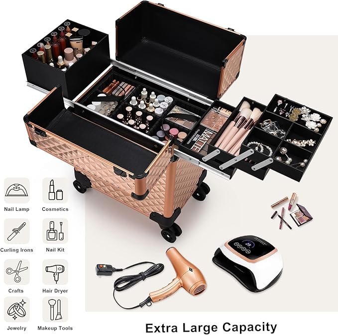 Stagiant Rolling Makeup Train Case Large Storage Cosmetic Trolley 4 Tray with Sliding Rail Removable Middle Layer with Key Swivel Wheels Salon Barber Case Traveling Cart Trunk