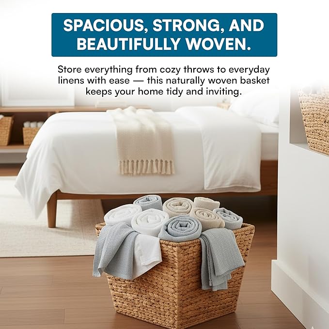 Honey-Can-Do Water Hyacinth Storage Baskets - Durable Wicker Basket with Handle for Organizing Home Essentials, Ideal for Pantry Organizers and Storage & Blanket Basket, Large, 15"x15"x12", Natural