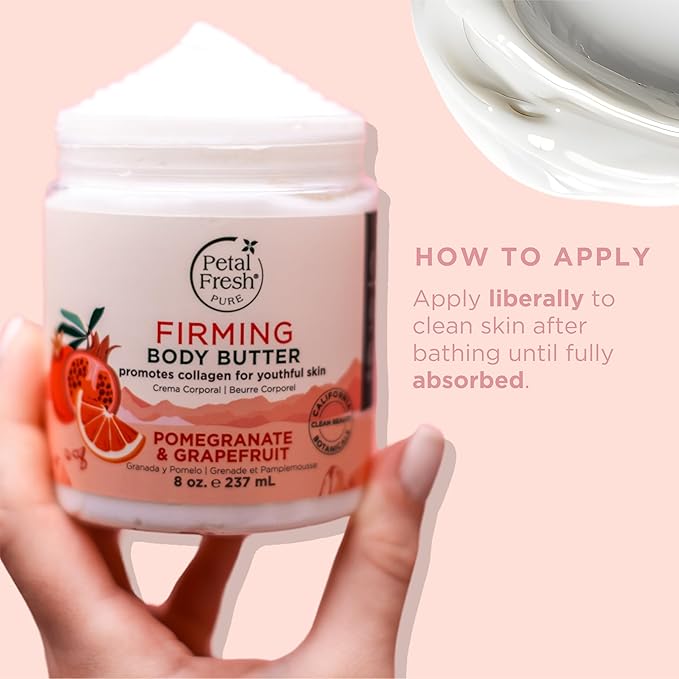 Petal Fresh Pure Firming Pomegranate & Grapefruit Body Butter, Organic Coconut Oil, Argan Oil, Shea Butter, Promotes Collagen, For All Skin Types, Natural Ingredients, Vegan and Cruelty Free, 8 oz