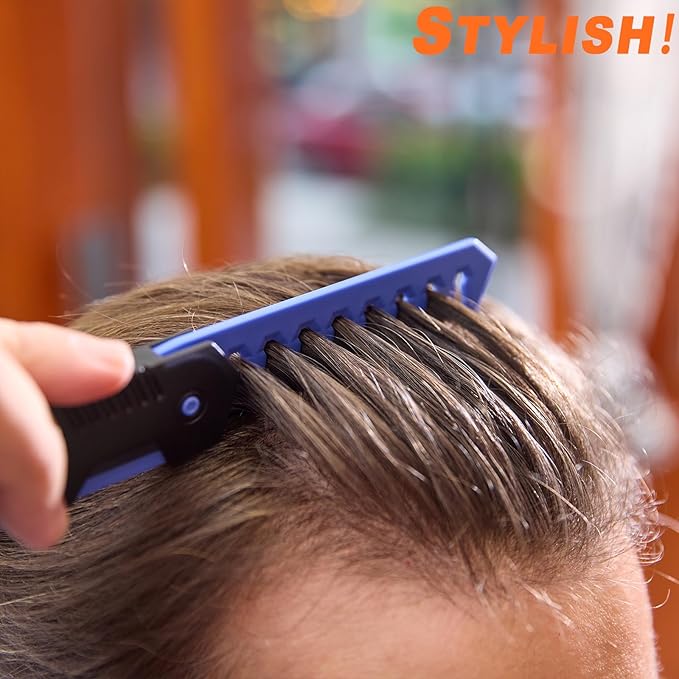 Protable Folding 2 in 1 Hair Comb Dence Tooth Comb Wide Tooth Comb Sparse Styling Pocket for Combing Straight hair Curly Hair Beards Mustaches for Men Barber Hairdresser (Blue)