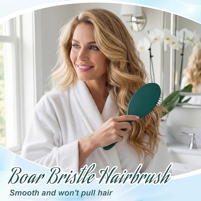 2 Pcs Green Boar Bristle Hair Brush Set Full-size and Travel Size Soft Boars Hairbrushes Natural Bristle Detangling Brush for Women Men Thick Curly Hair Detangling Soften Silky Shine