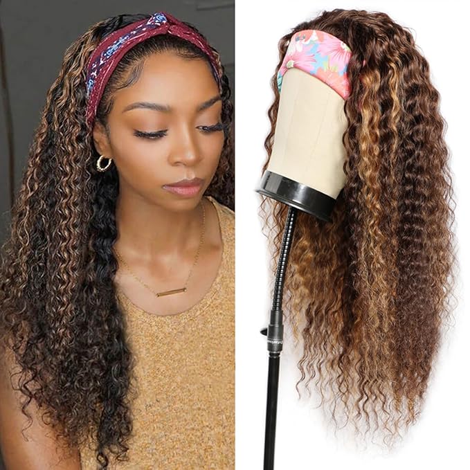 Aiterina Headband Wig Deep Wave Human Hair Ombre Brown Blonde 4/27 Headband Wig Human Hair Glueless None Lace Front Machine Made 150% Density for Black Women 20 inch