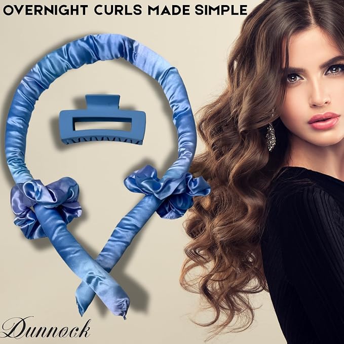 Dunnock Heatless Curling Rods Set Sky Blue - Heatless Curls Overnight with 34" Hair Curler & 2 Satin Scrunchies No Heat Hair Curlers for Soft Waves & Bouncy Curls, DamageFree Hair Styling Tool