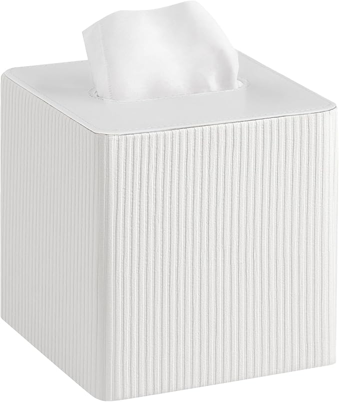 Mkono Tissue Box Cover PU Leather Square Tissue Box Holder with Bottom, Decorative Facial Cube Organizer for Bedroom Bathroom Dresser Vanity Countertop Night Stands Home Office Desk (Ivory)