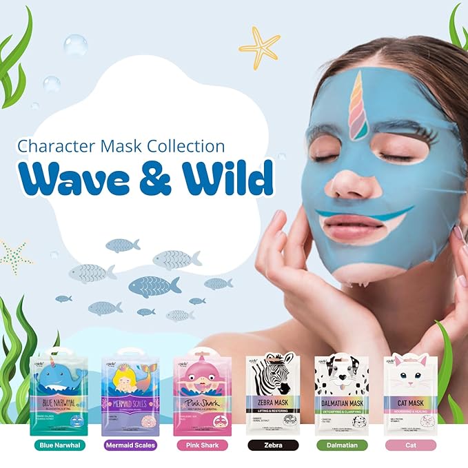 Epielle Character Face Mask Wave & Wild 6 Pack, Fun & Effective Korean Skin Care, Spa Party Favors, Easter Basket Stuffers, Birthday Gifts for Women, Self Care Gifts