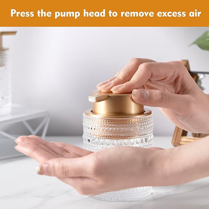 12 Oz Glass Foaming Soap Dispenser with Gold Pump, Clear Refillable Liquid Hand Soap Bottles for Bathroom, Cute Decorative Lotion Container for Dish Soap, Hand Soap