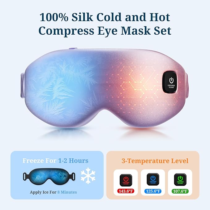 100% Silk Wireless Heated Eye Mask with Cooling - 3 Heat Settings, for Dry Eyes, Puffiness & Dark Circles - Adjustable, Washable, Travel-Friendly (Purple).